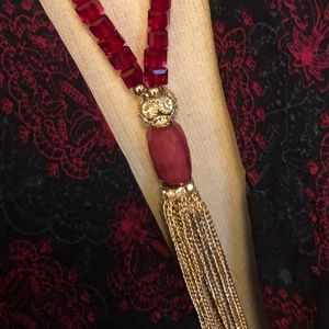 Cranberry & Gold Beaded Tassel Long Necklace EUC